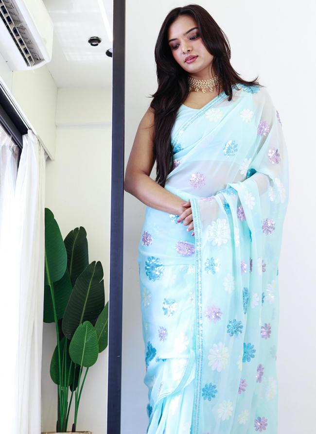 Faux Georgette Sky Blue Party Wear Sequence Work Saree